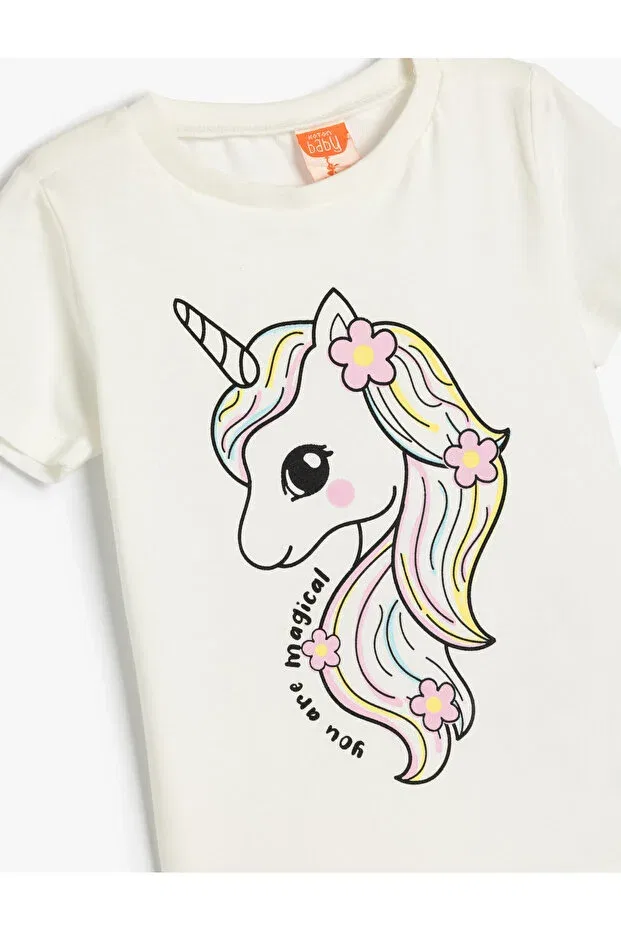 Детская футболка с принтом Unicorn printed t-shirt long sleeve crew neck cotton Koton, Ecru — фото 3