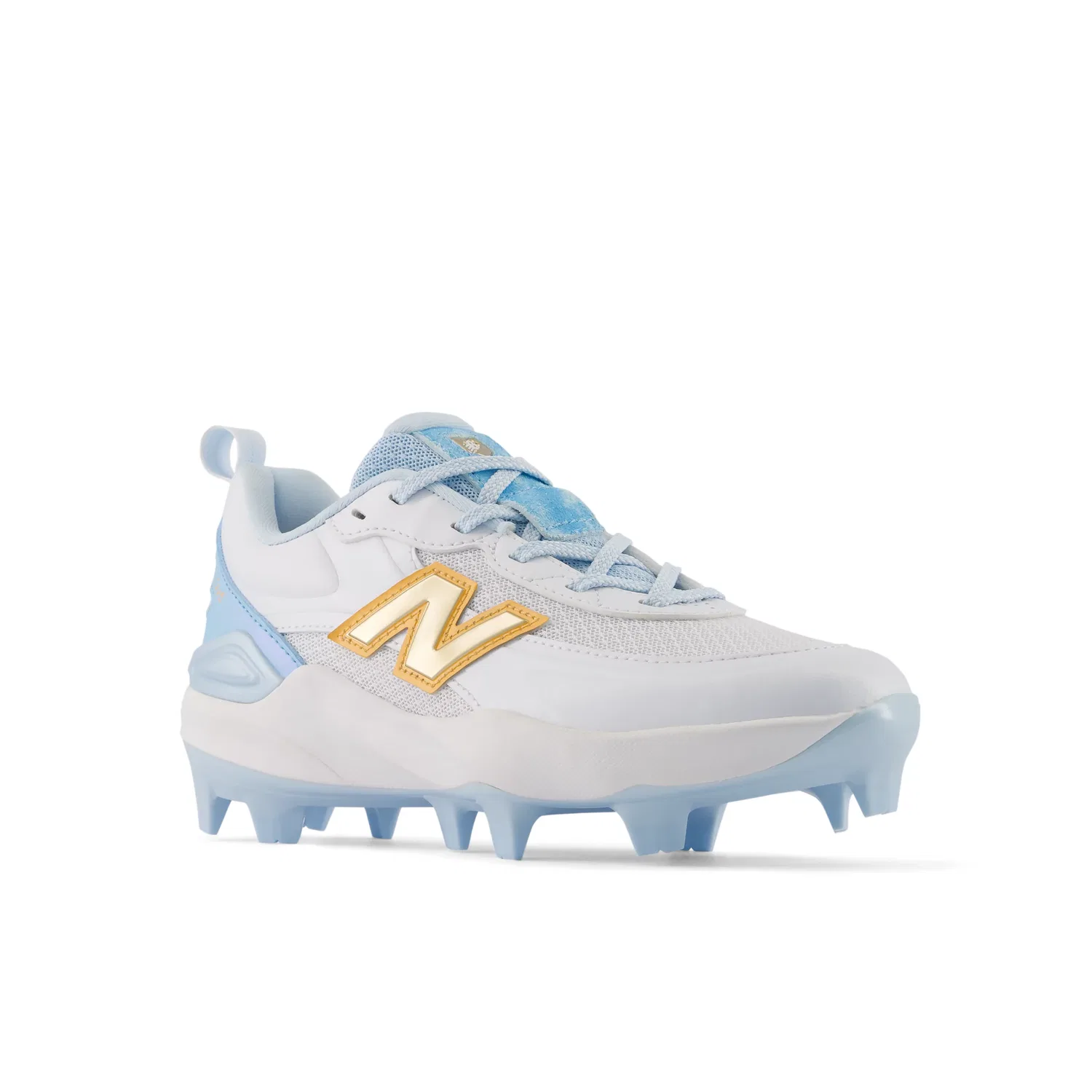 Детские бутсы для софтбола с шнуровкой Velo v5 New Balance, White With Team Sky Blue And Gold — фото 2