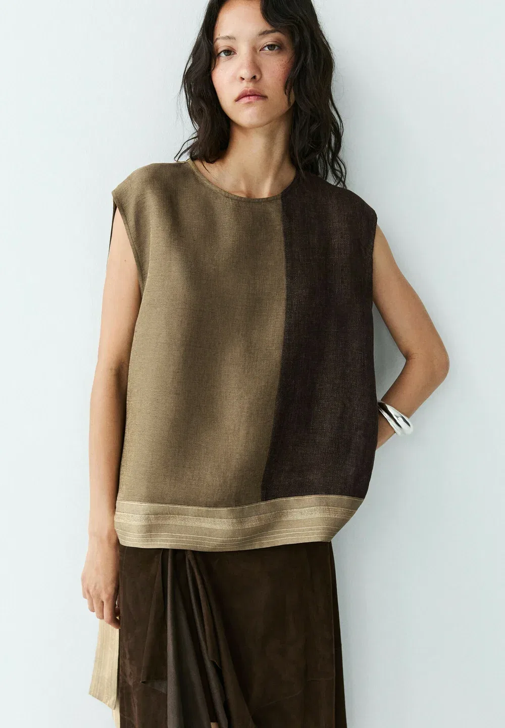 Блузка из смесовой льняной ткани с цветовыми блоками, свободного кроя Massimo Dutti, Dark Brown