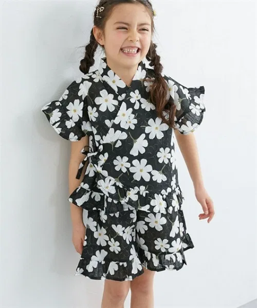 Детское кимоно для девочек с фриллами, модель Frill Jinbei Suit QUNTSTYLE, Черное