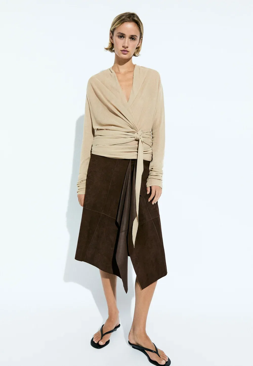 Вязаный кардиган с драпировкой и эффектом запаха - кардиган Massimo Dutti, Sand — фото 2