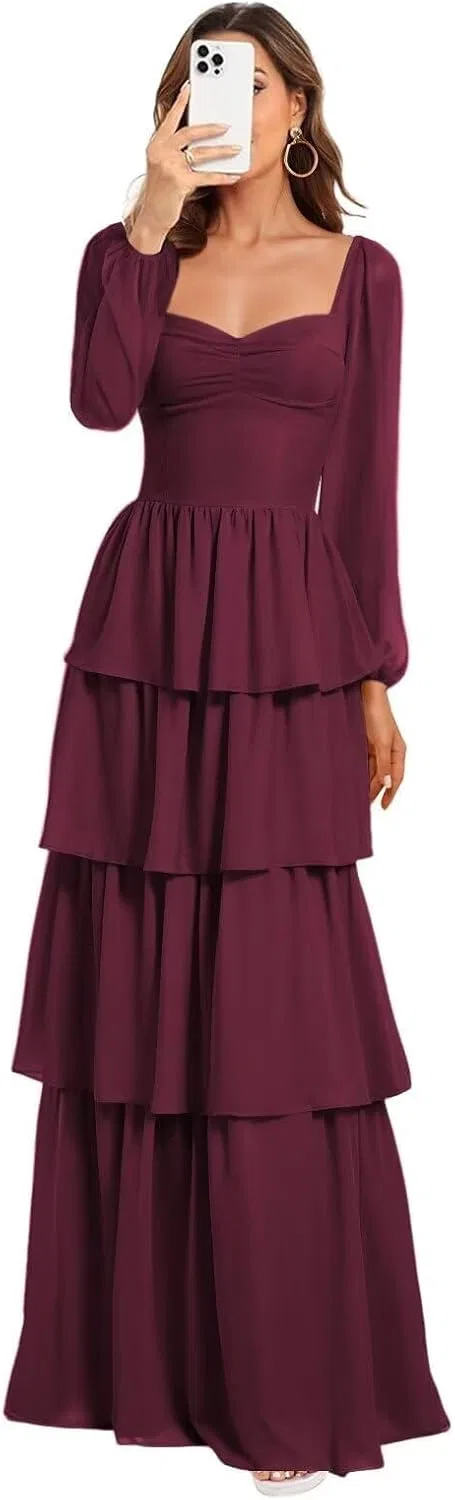 Женское многослойное платье из шифона с длинными рукавами YH133, Plum