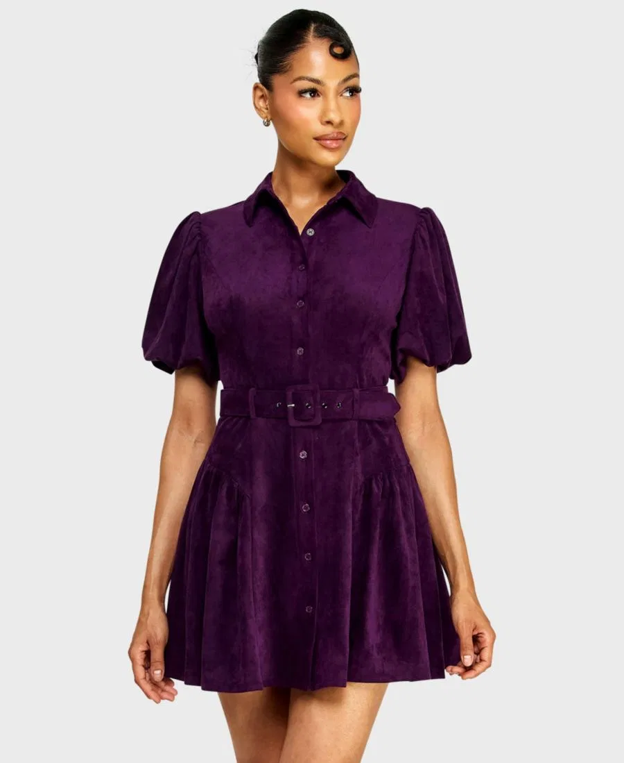 Платье мини с поясом и пуговицами спереди, модель Button-Front Suede Belted Mini Dress Alex & Sophia, Eggplant
