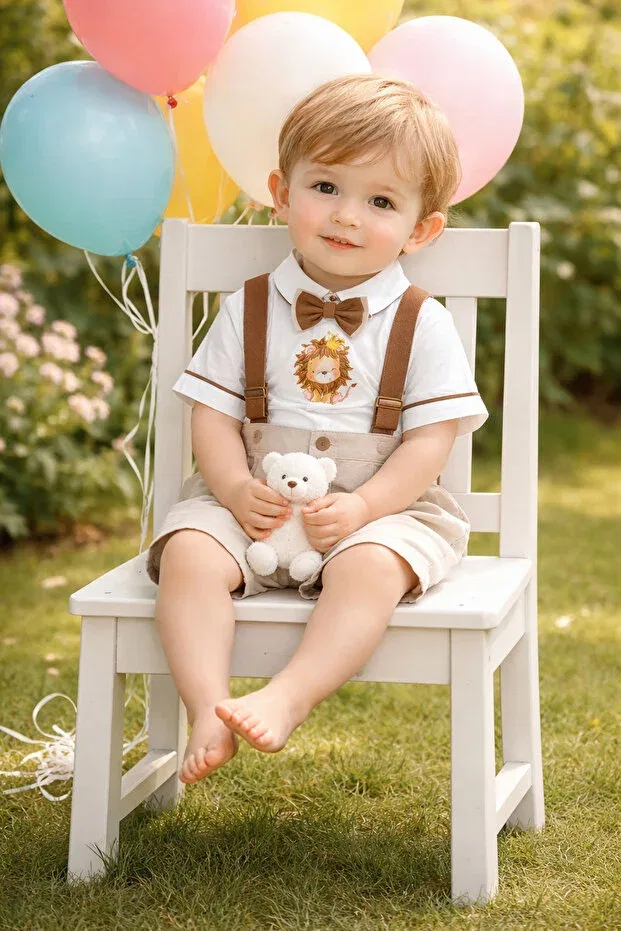Детский комбинезон для мальчиков с принтом Baby lion printed shorts salopette suit Annerüyası, Beige