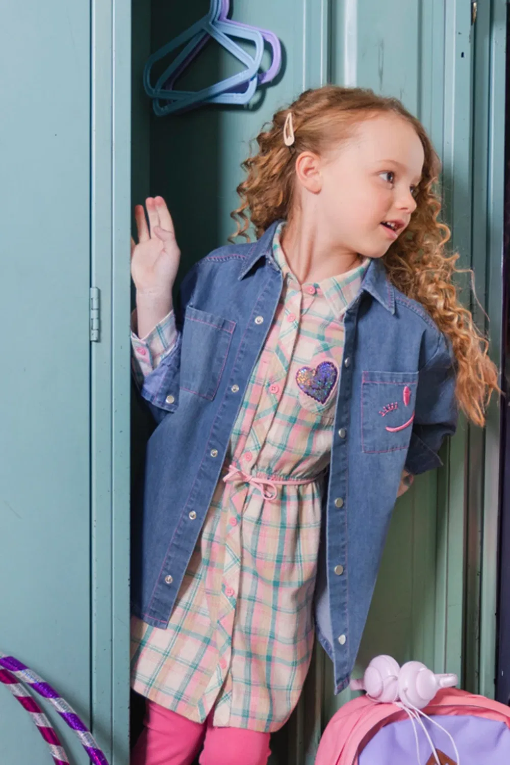 Детское платье-рубашка с поясом в клетку Ivy Kids Deux par Deux, Plaid Green and Pink — фото 2