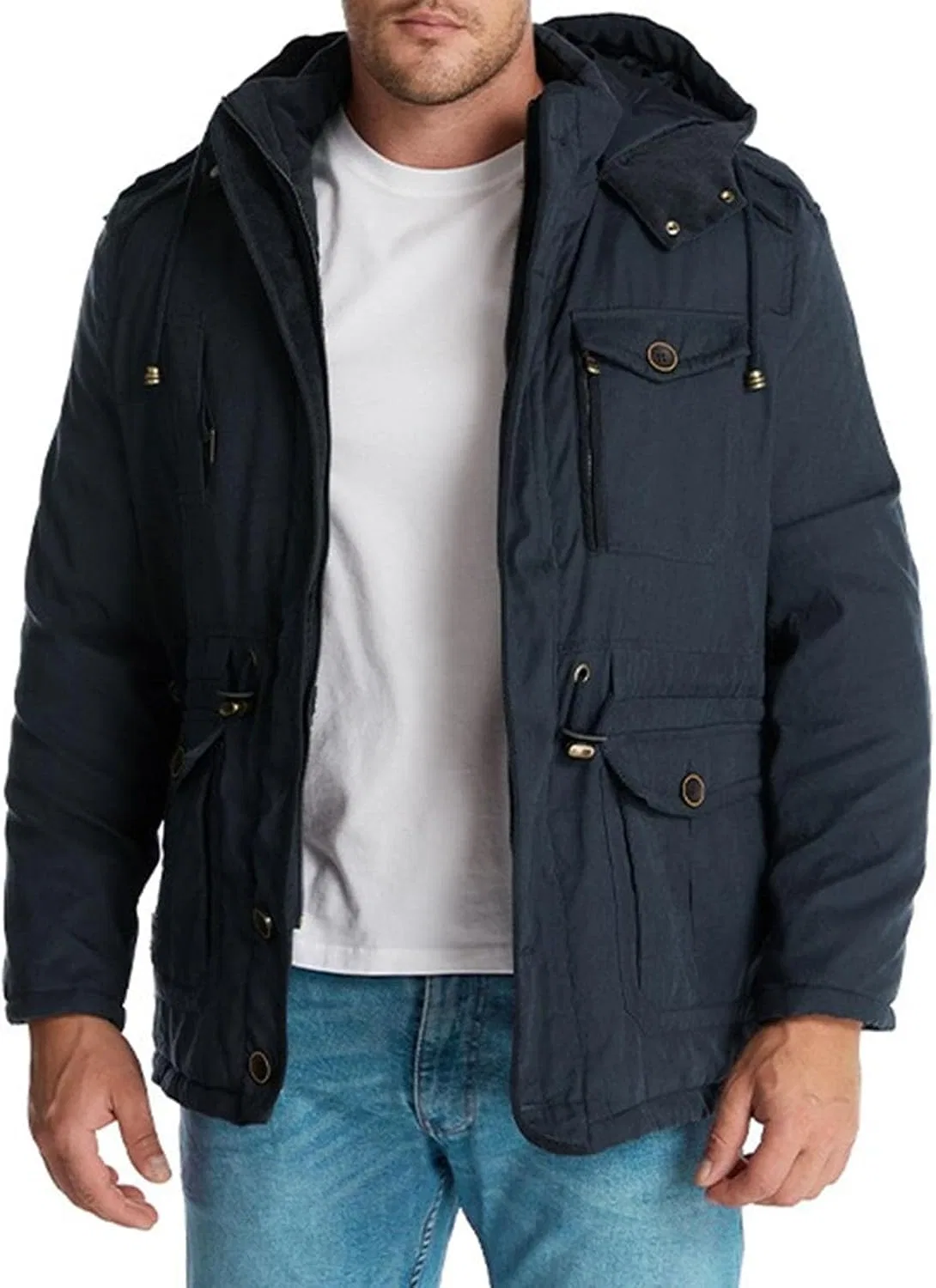 Мужское пальто-пуховик с капюшоном на флисе, тёмно-синий — фото 3