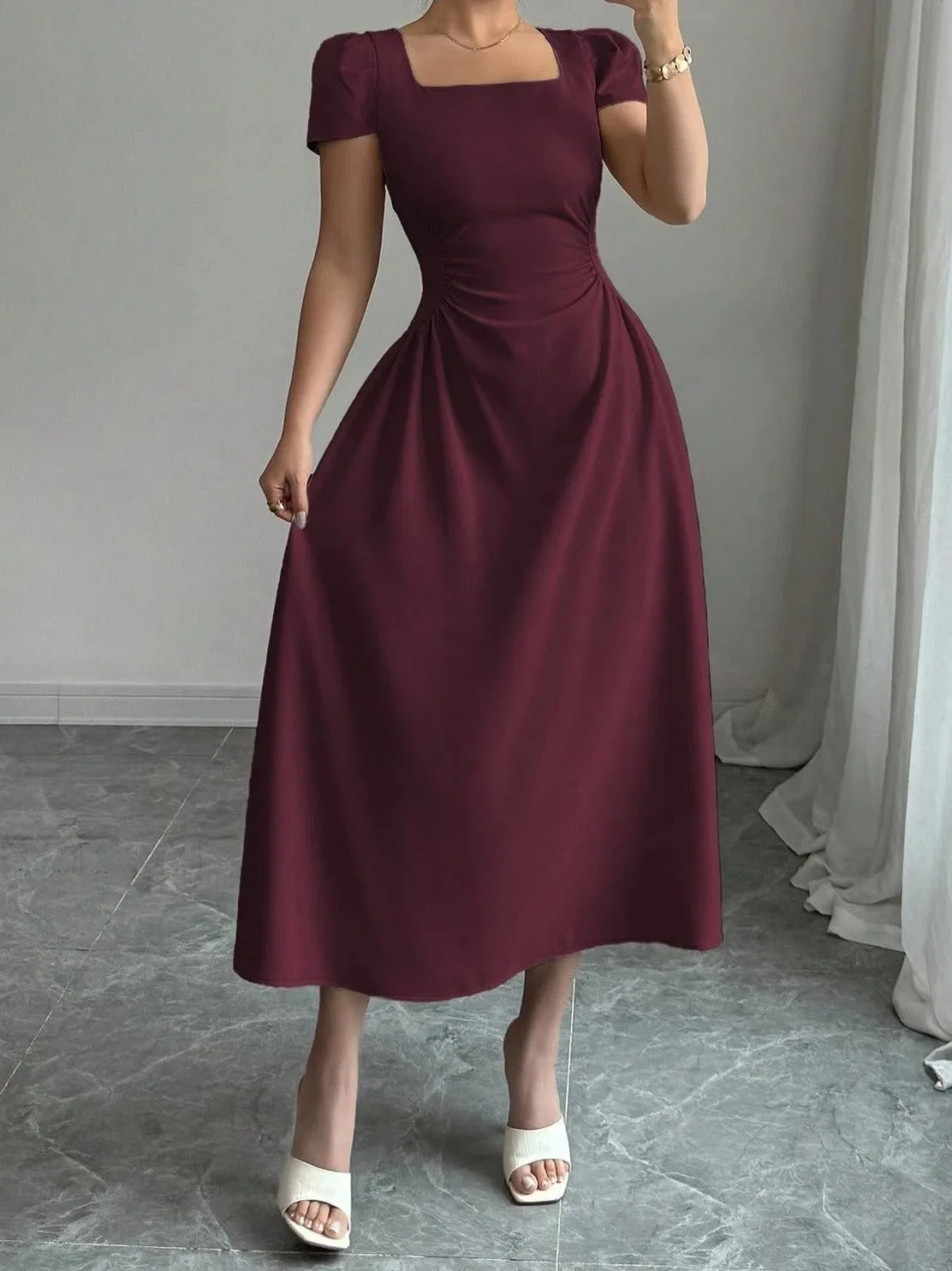 Женское элегантное платье A-силуэта с квадратным вырезом, Maroon — фото 4