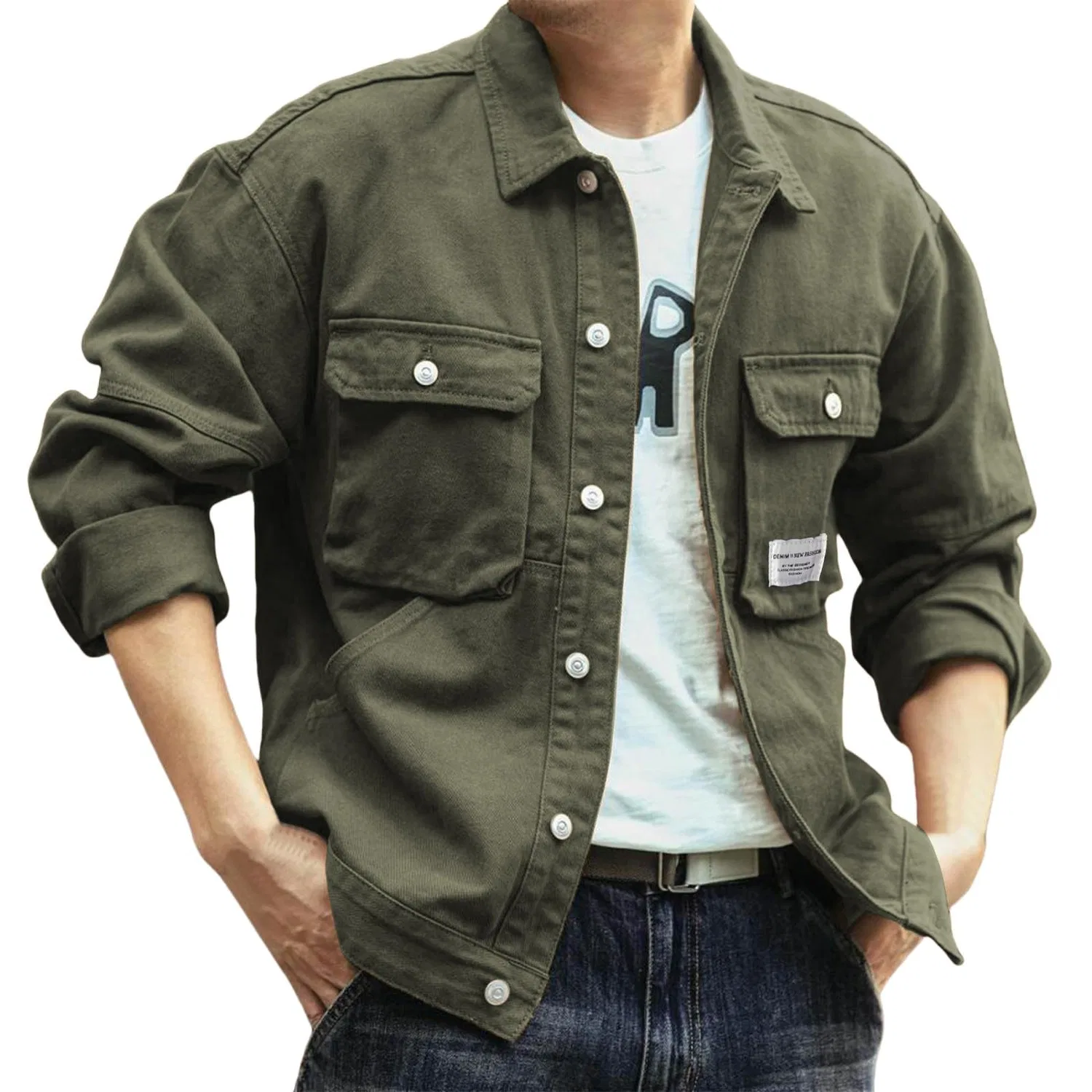 Мужская джинсовая куртка с потертостями и длинным рукавом, Z22-verde Giacca Denim Uomo