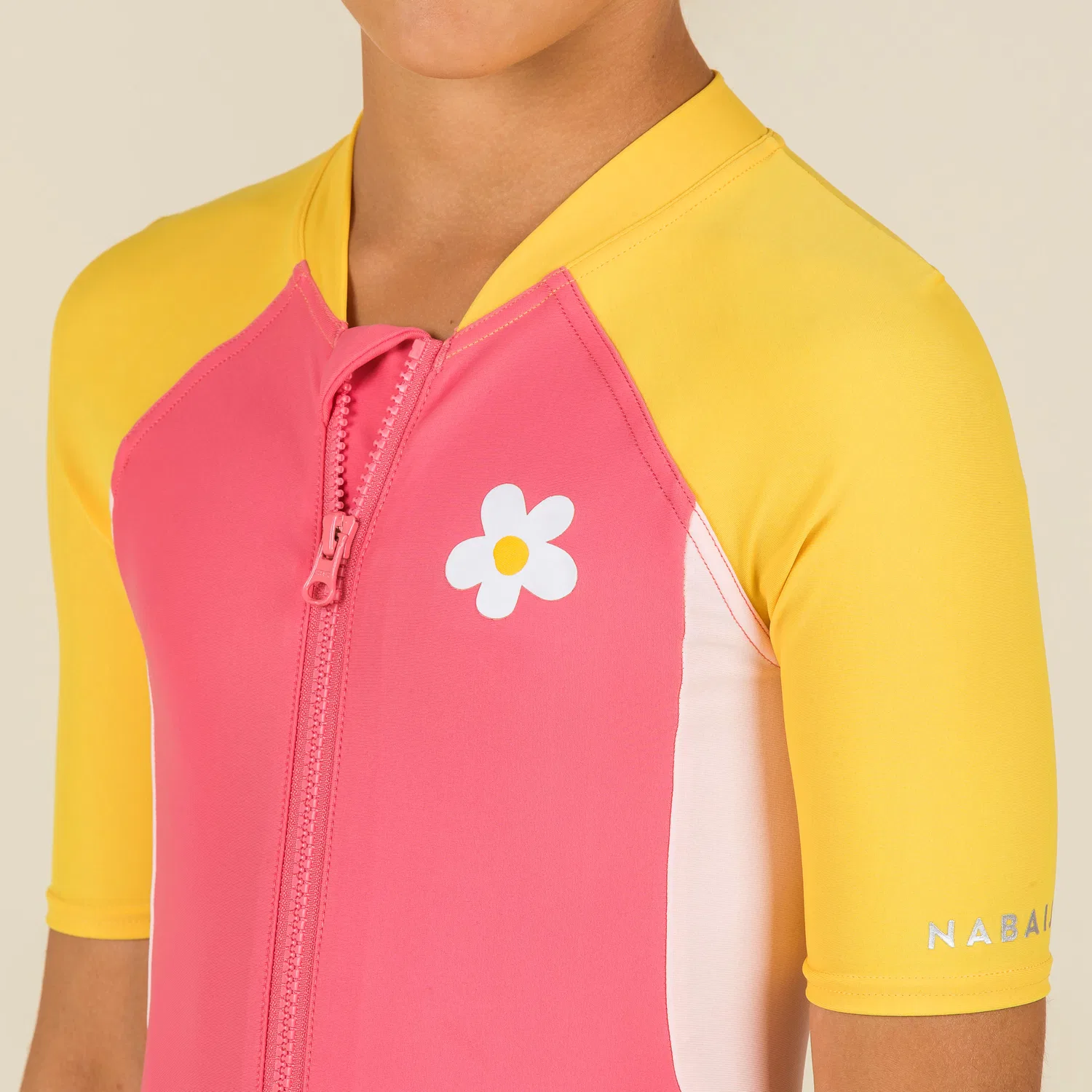 Детский UV-купальник Shorty Madchen Decathlon, Lycheepink Senfgelb Fluoreszierendes Blassrosa — фото 4