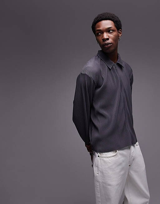 

Рубашка-поло Topman Pleated Oversize With Long Sleeves And Zip Fastening, темно-серый