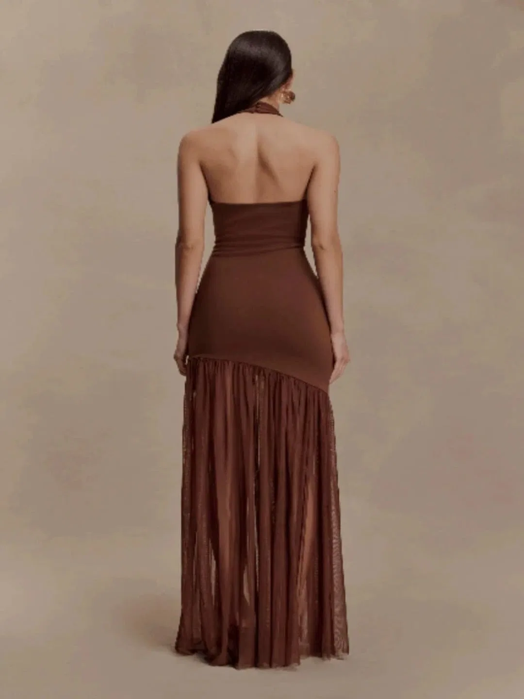 Женское платье с вставкой из сетки и плиссе, Sheath Silhouette, Dark Brown — фото 3