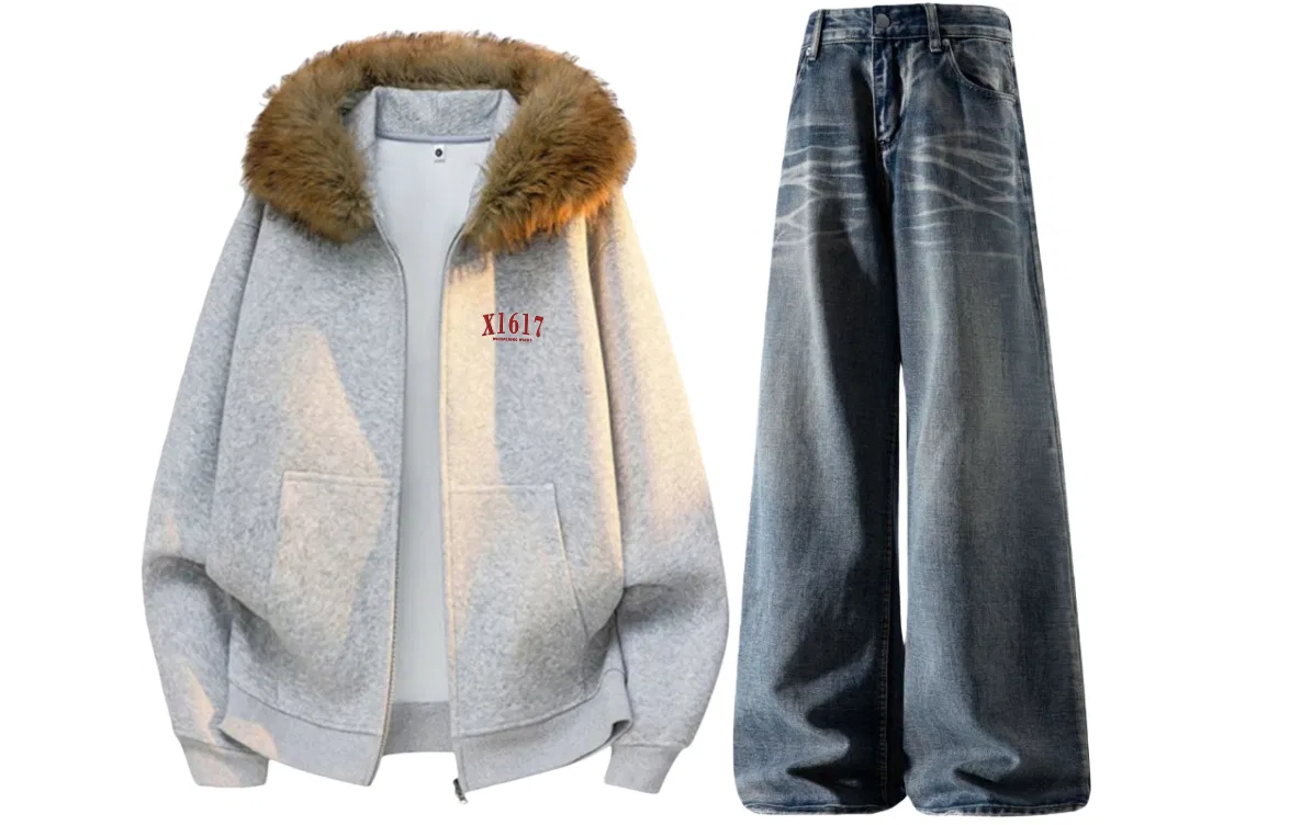 Детский комплект из худи и брюк с флисовой подкладкой X1617, Light Gray Fleece-Lined/Vintage Blue