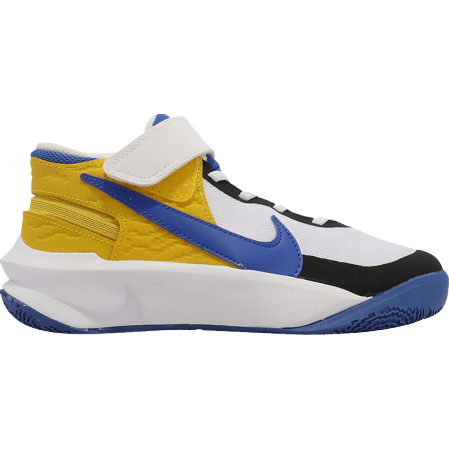 

Кроссовки Nike Team Hustle D10 FlyEase GS 'White Game Royal', белый/желтый/мультиколор