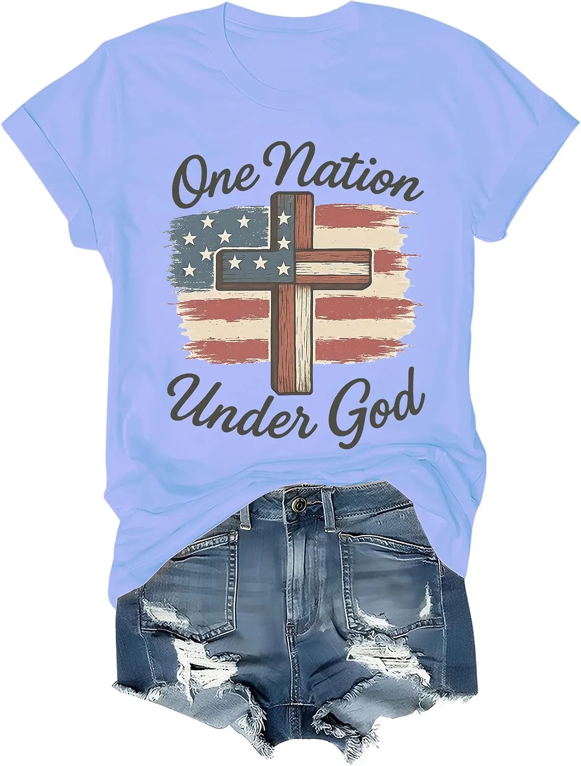Женская футболка с патриотическим принтом One Nation Under God, Sky Blue