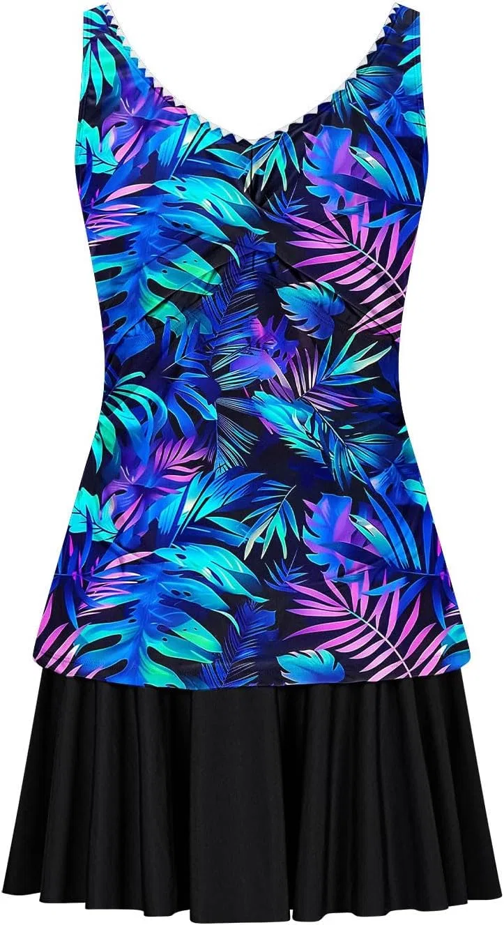 Женский танкини-комплект с перекрестным верхом и юбкой, Black/Multicolor — фото 4