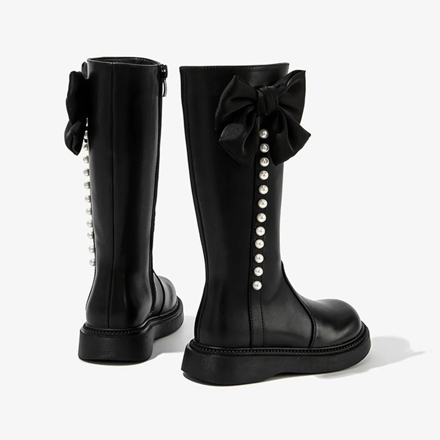 Детские сапоги для девочек с жемчужным бантом и платформой, Black — фото 4