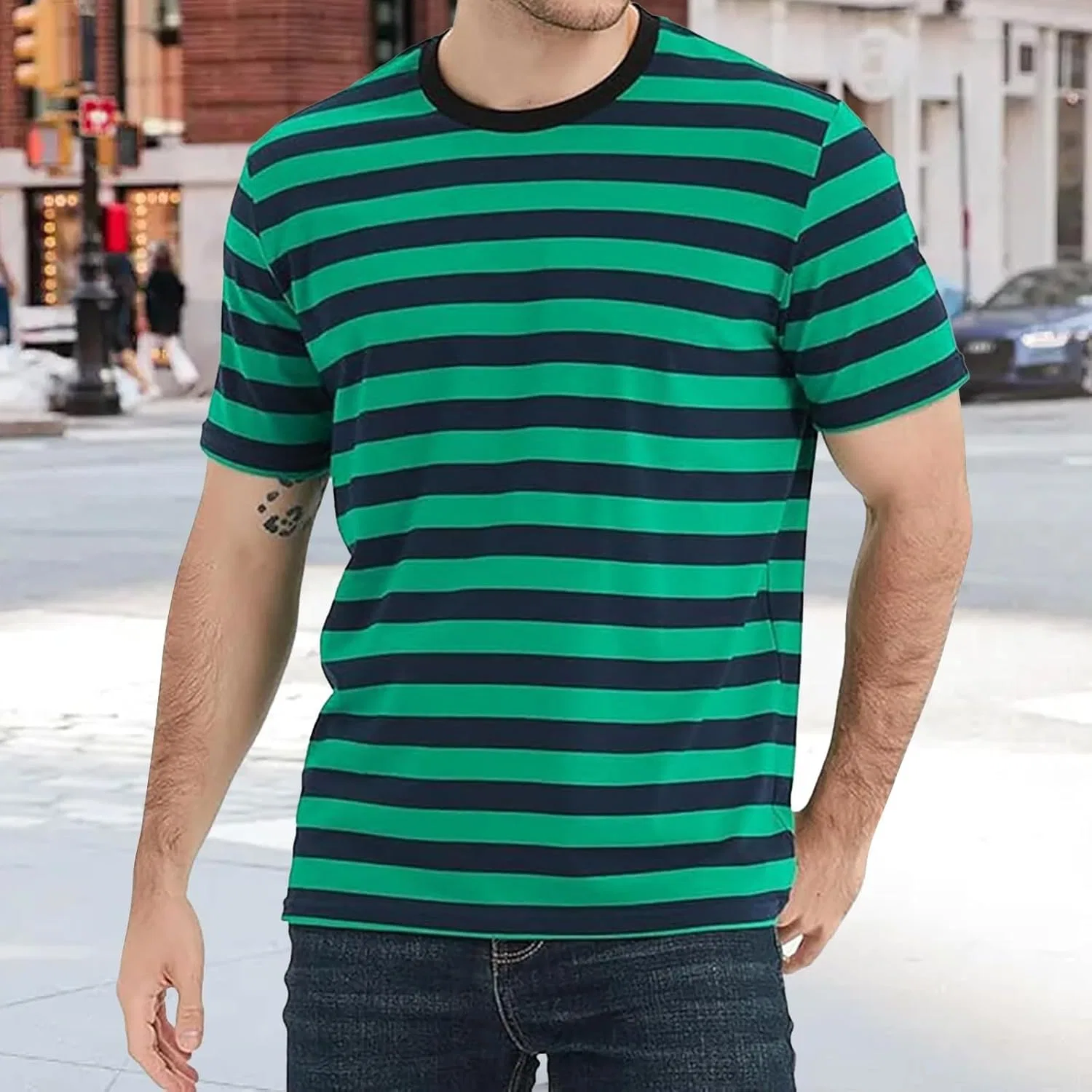 Мужская футболка с длинным рукавом в полоску Mens Summer Shirts, Green — фото 2