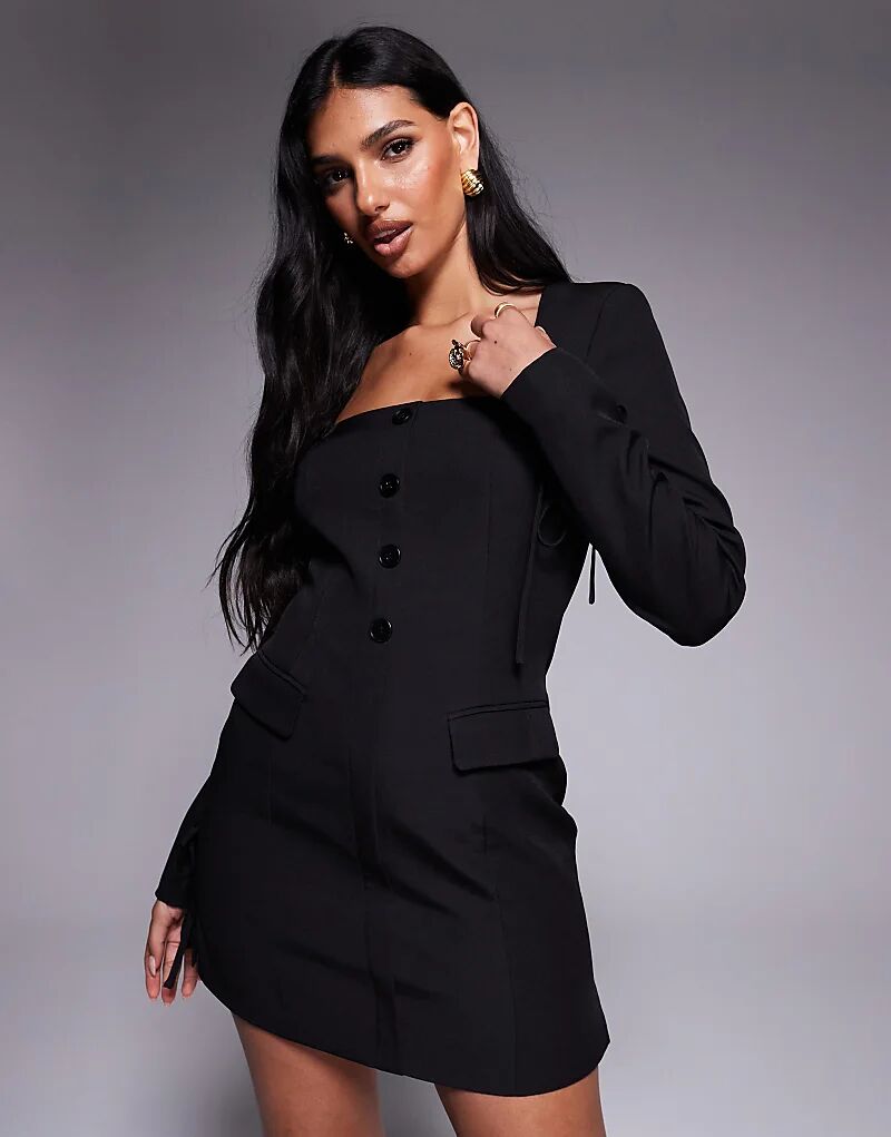 

Эксклюзивное мини-платье-блейзер Kaiia с квадратным вырезом и бантом на манжетах, черного цвета