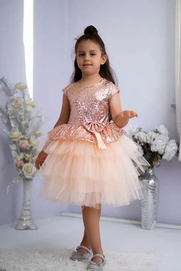 Детское платье для девочек с пайетками Girl'S sequined tulle dress Dafito Kids, Salmon — фото 4