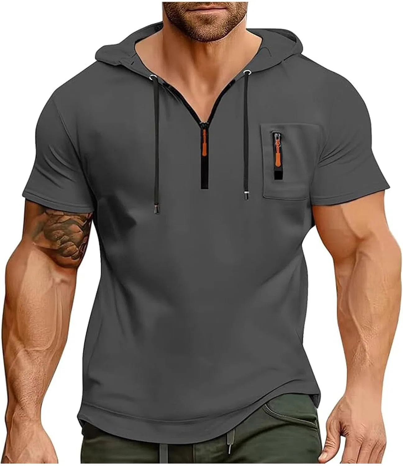 Мужская легкая футболка с капюшоном и карманом, Dark Gray