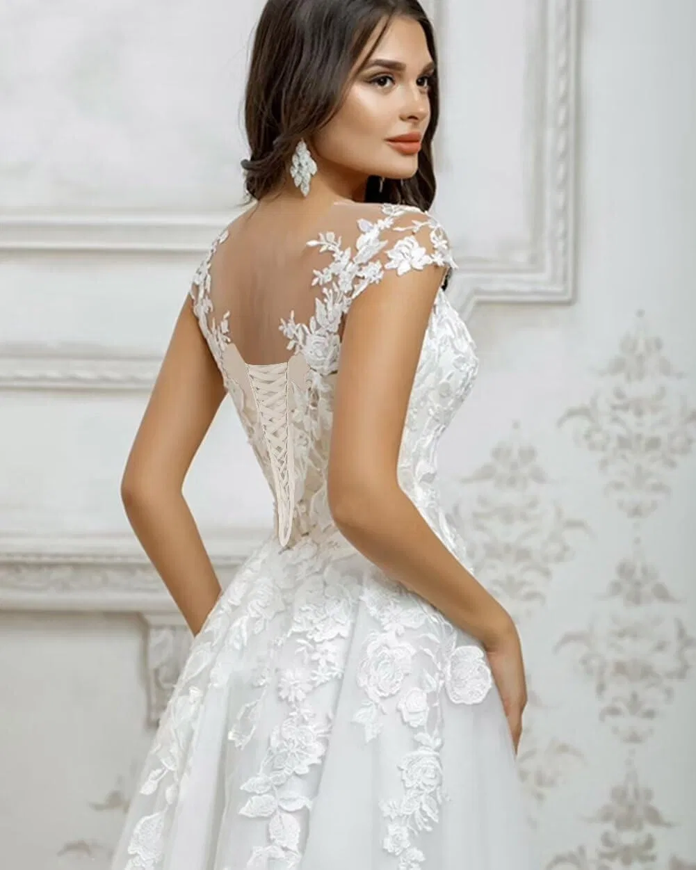 Женское свадебное платье с кружевным рукавом A-line LAW300, Ivory — фото 2