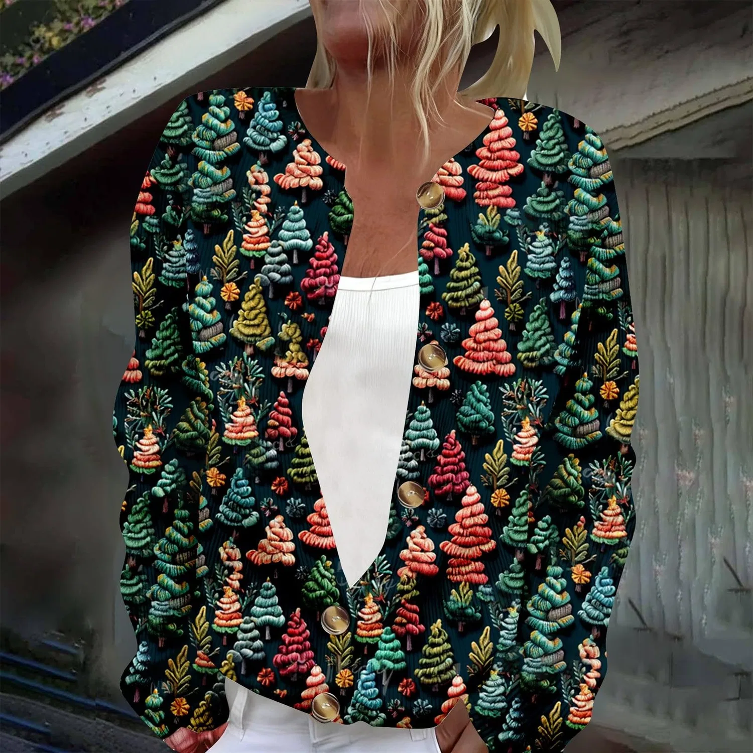 Женский кардиган с принтом Elegante cardigan casual con stampa e abbottonatura, Verde Scuro #9 — фото 3