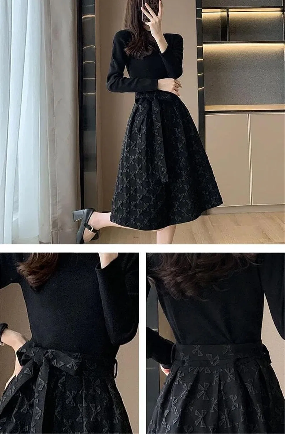 Женское длинное платье мини с бантом Korean Fashion, Black — фото 4