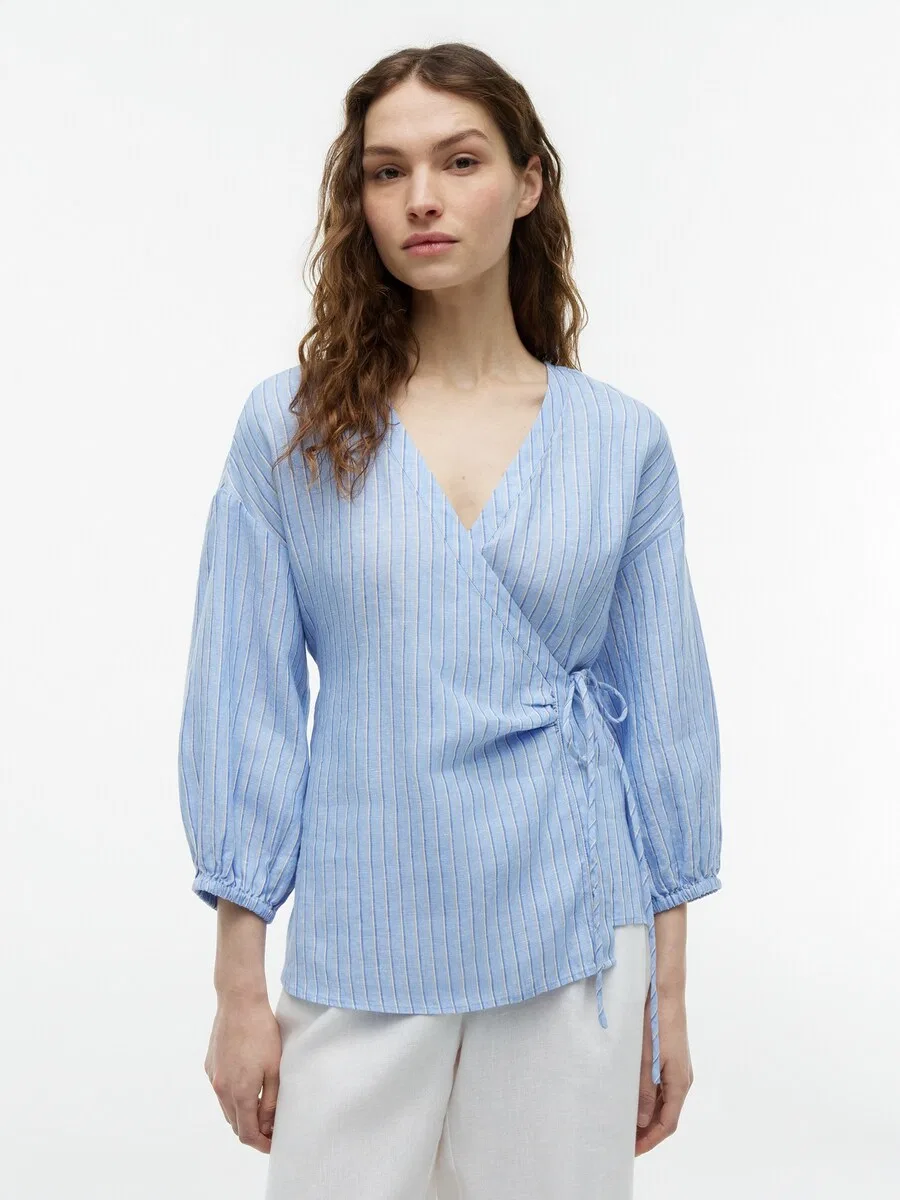 Блузка TOMMY HILFIGER 'Relaxed Fit Pure Wrap Blouse' в темно-синем и светло-голубом цветах — фото 3