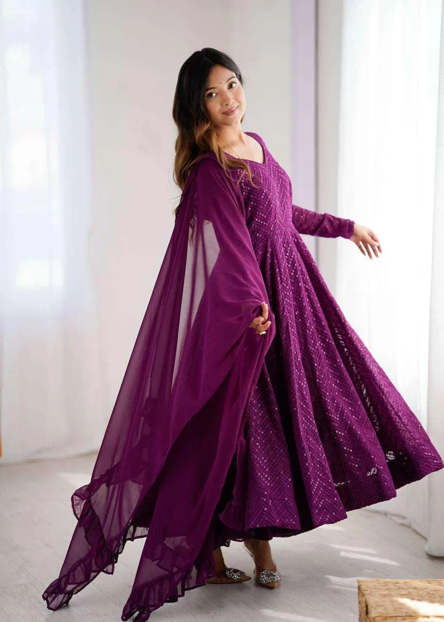 Женская туника-курта с вышивкой Anarkali, комплект с брюками и дупаттой, фиолетовый — фото 2