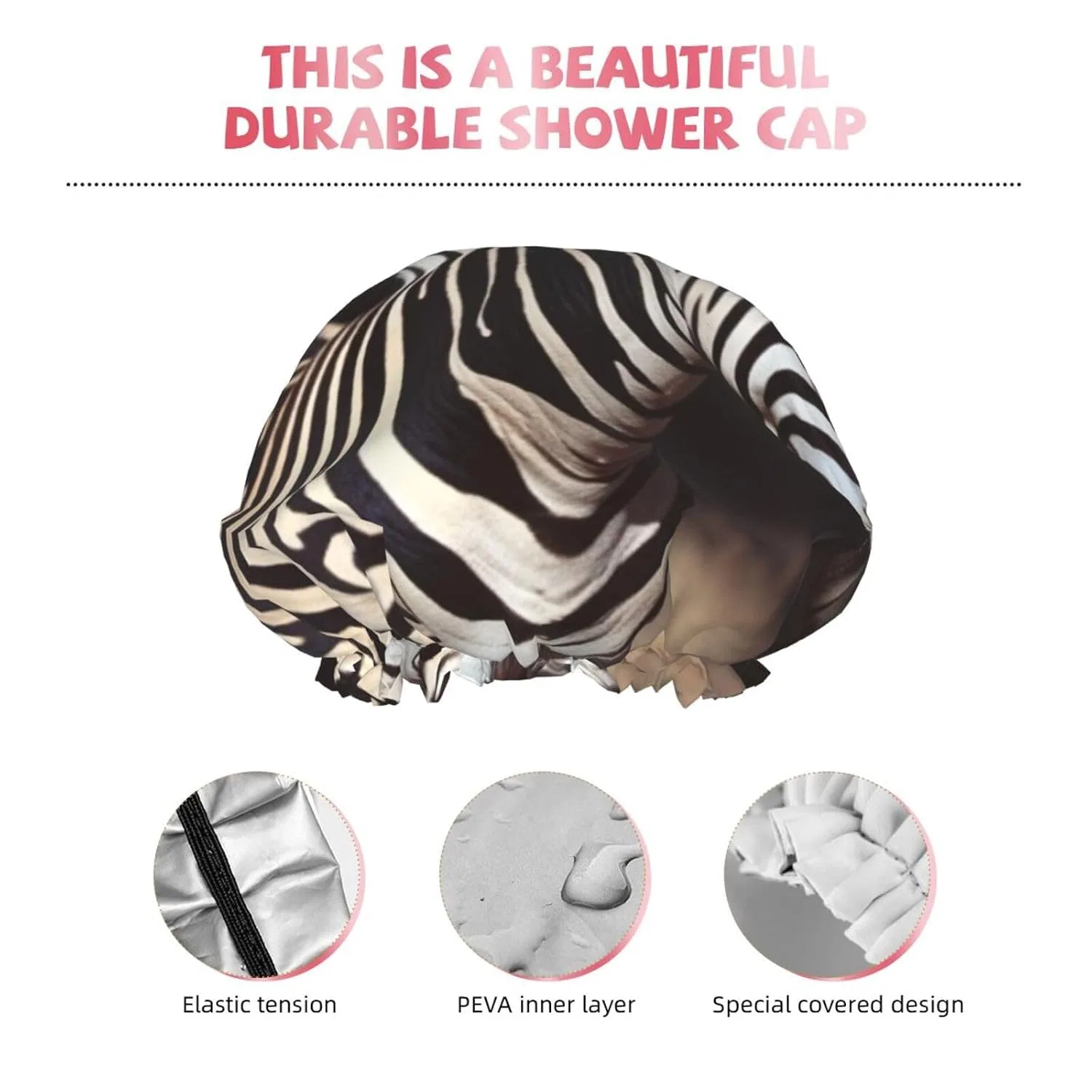 Шапочка для душа двойная, FWJZDSP, многоразовая, водонепроницаемая, Zebra — фото 4