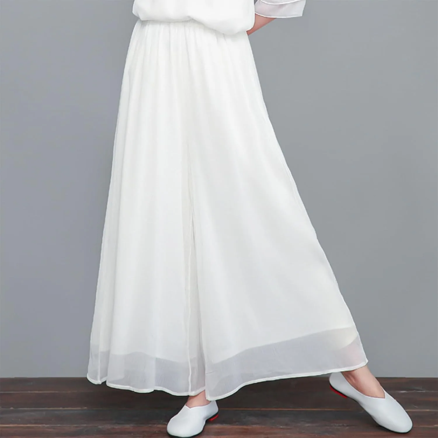 Gaucho Pants для женщин, длинные струящиеся брюки-палаццо из шифона и марли, широкие кюлоты для танцев, свободный крой, летние брюки на резинке Generic, белый — фото 4