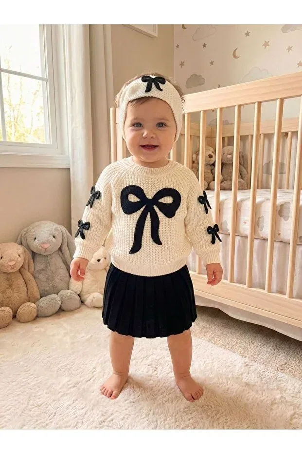 Детский комплект для девочек вязаный с моделью yk1838gns, Yukobaby Bebeğiniz Için En Doğalı, Black
