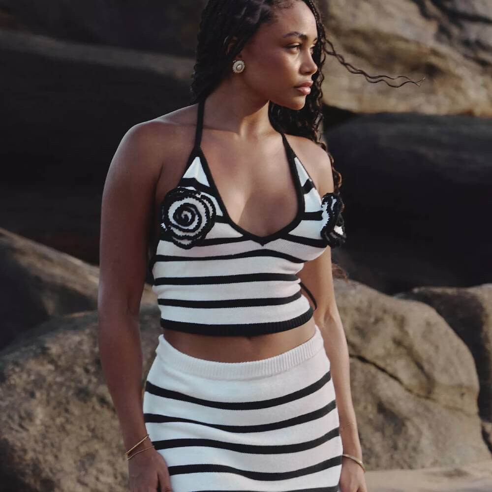 

Топ 4th & Reckless x Loz Vassallo Rio Striped Rose Neck Knit Beach, белый/черный