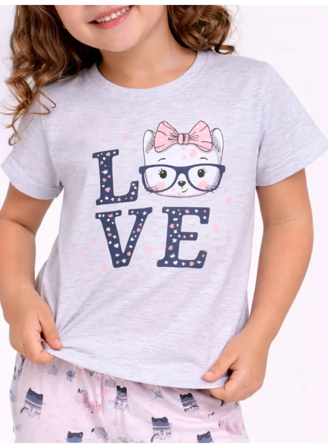 Комплект пижамы с принтом кошки и надписью LOVE, модель T-shirt & Full Pants, Victor And Jane, серый — фото 3
