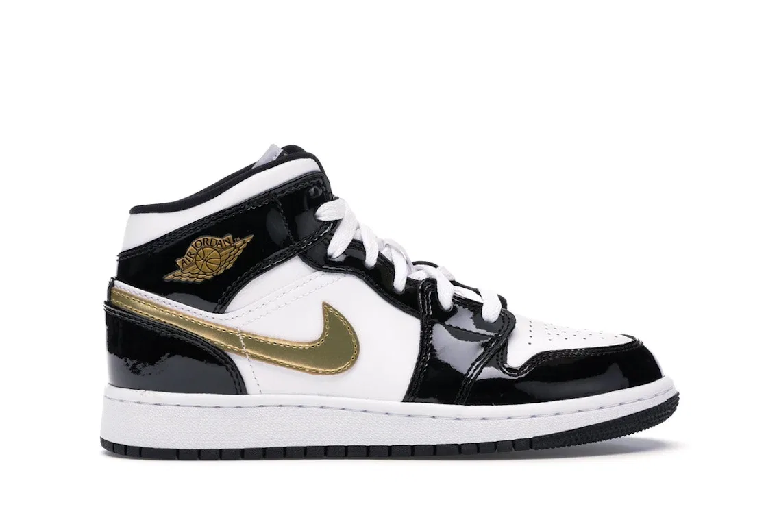 Детские кроссовки с патентованной кожей Jordan 1 Mid Jordan, Black/White-Metallic Gold