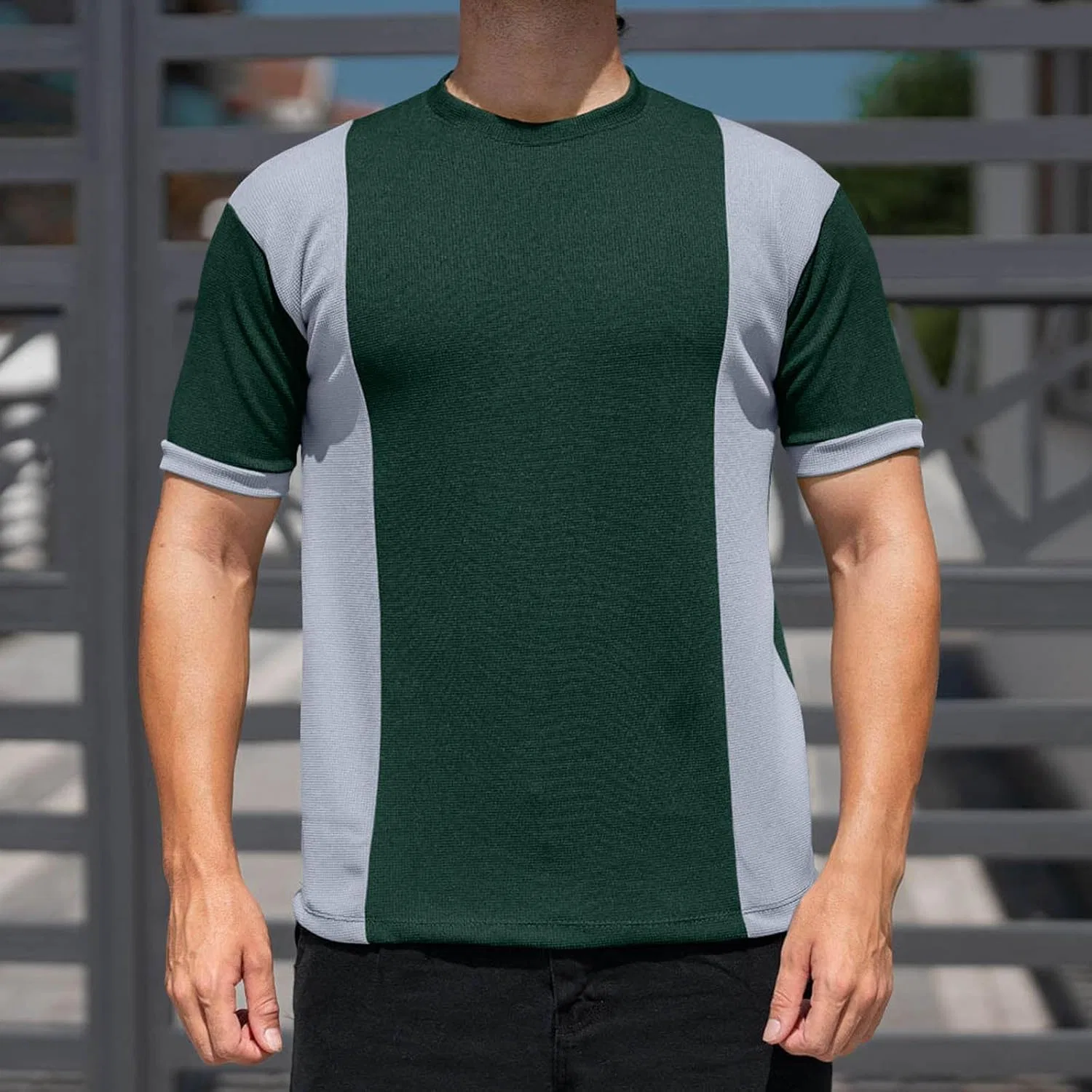 Мужская футболка цвет-блок waffle knit, Army Green — фото 3