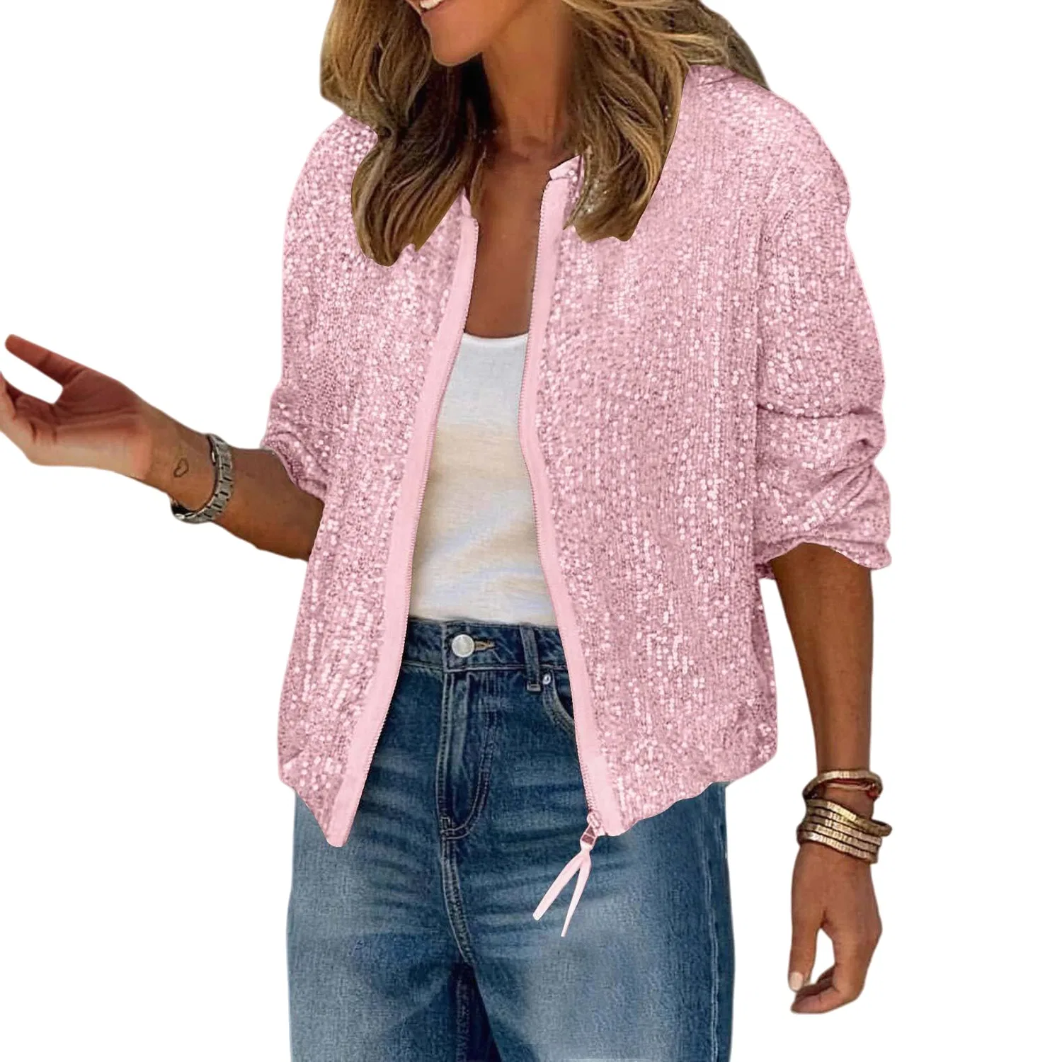 Женское пальто с блестками и молнией, rosa