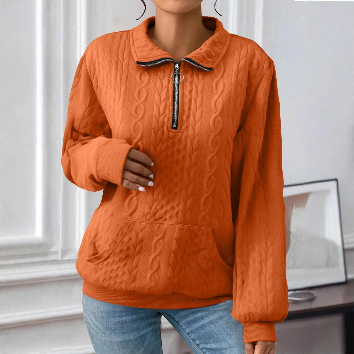 Женский свитшот с высоким воротом и полузастежкой-молнией, Orange — фото 2