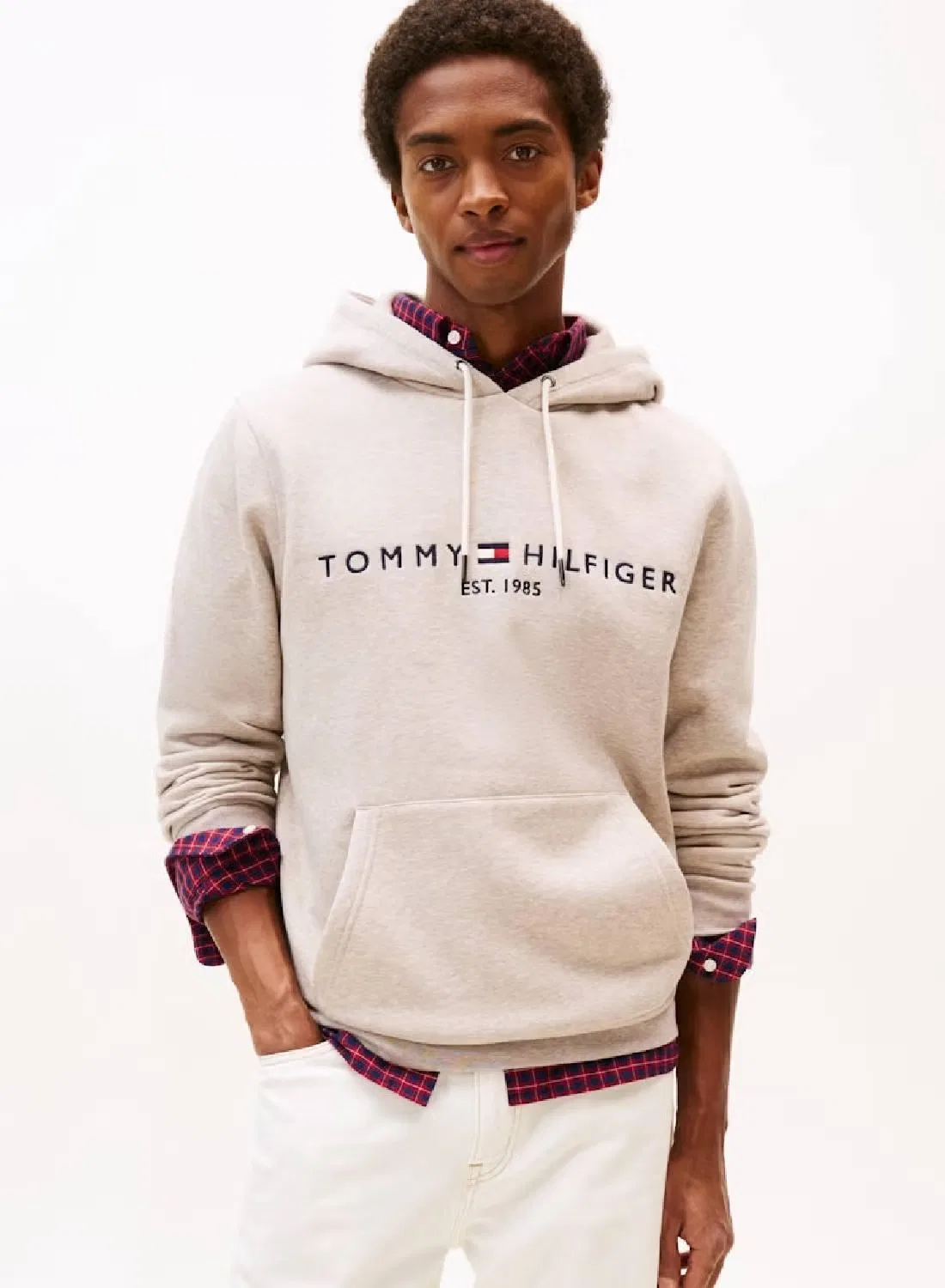 Худи с вышитым логотипом на груди, модель Logo embroidery flex fleece, Tommy Hilfiger, серый меланж
