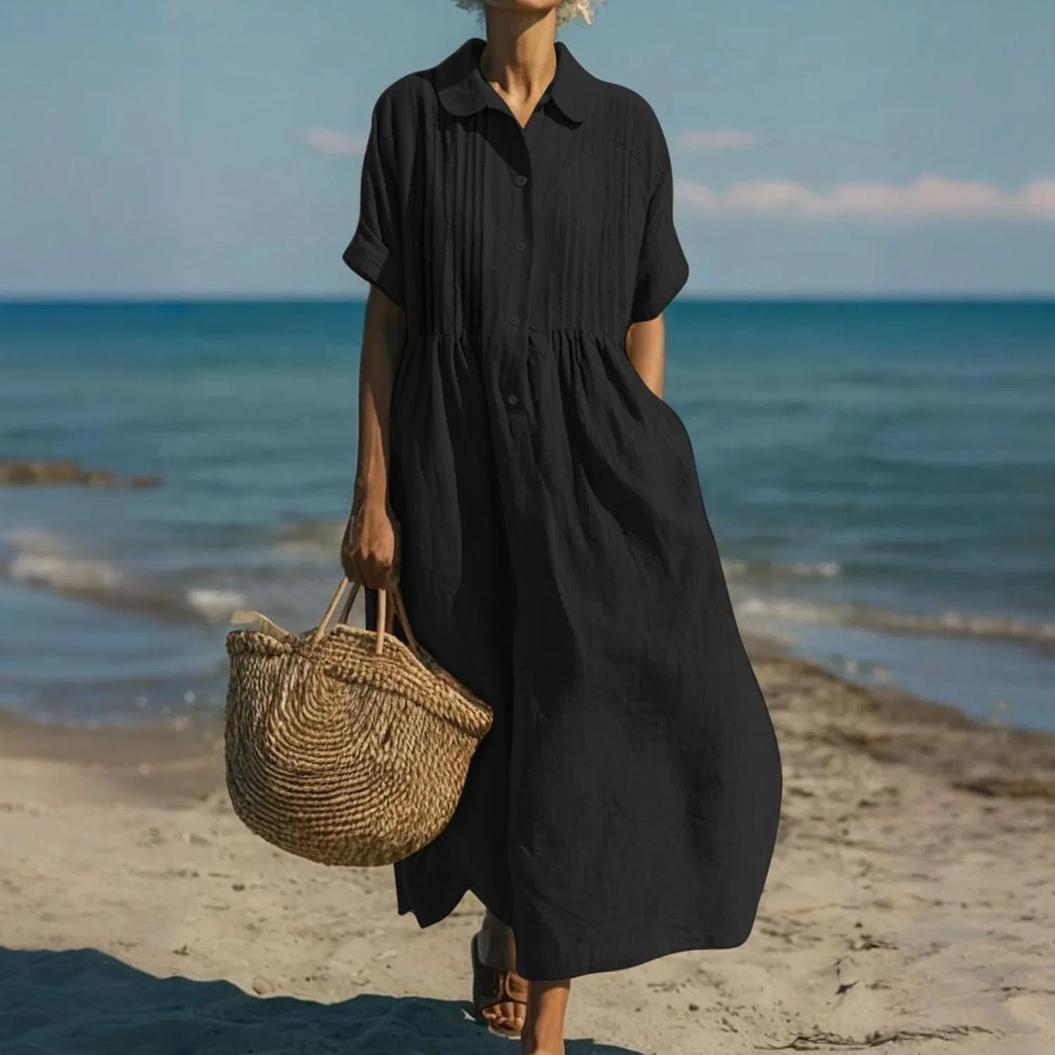 Женское летнее платье-рубашка с воротником и закатанными рукавами, Black — фото 2