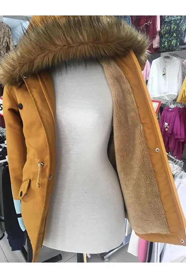 Детское зимнее пальто для девочек с меховым капюшоном MNT-0005 Günce Moda, Mustard Yellow — фото 3