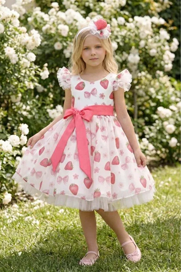 Детское платье для девочек с принтом Strawberry patterned Pamina, Ecru