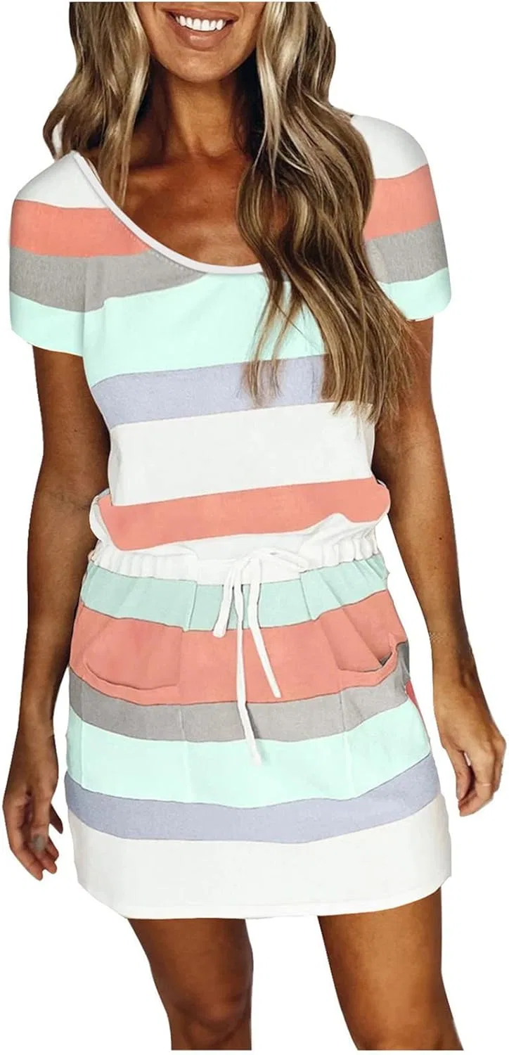 Женское мини-платье в полоску с завязками на талии, Mint Green
