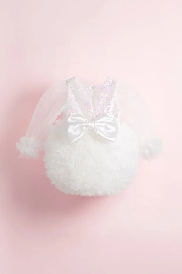 Детское платье для девочек с пайетками Luna Long Tulle Sleeves Puffy Tulle Tutu Girls' Dress Banamio, White — фото 2