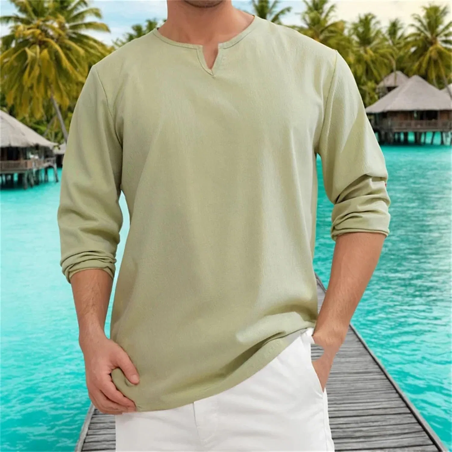 Мужская футболка с V-образным вырезом Solid Color Long-Sleeve T-Shirt, Matcha Color — фото 2