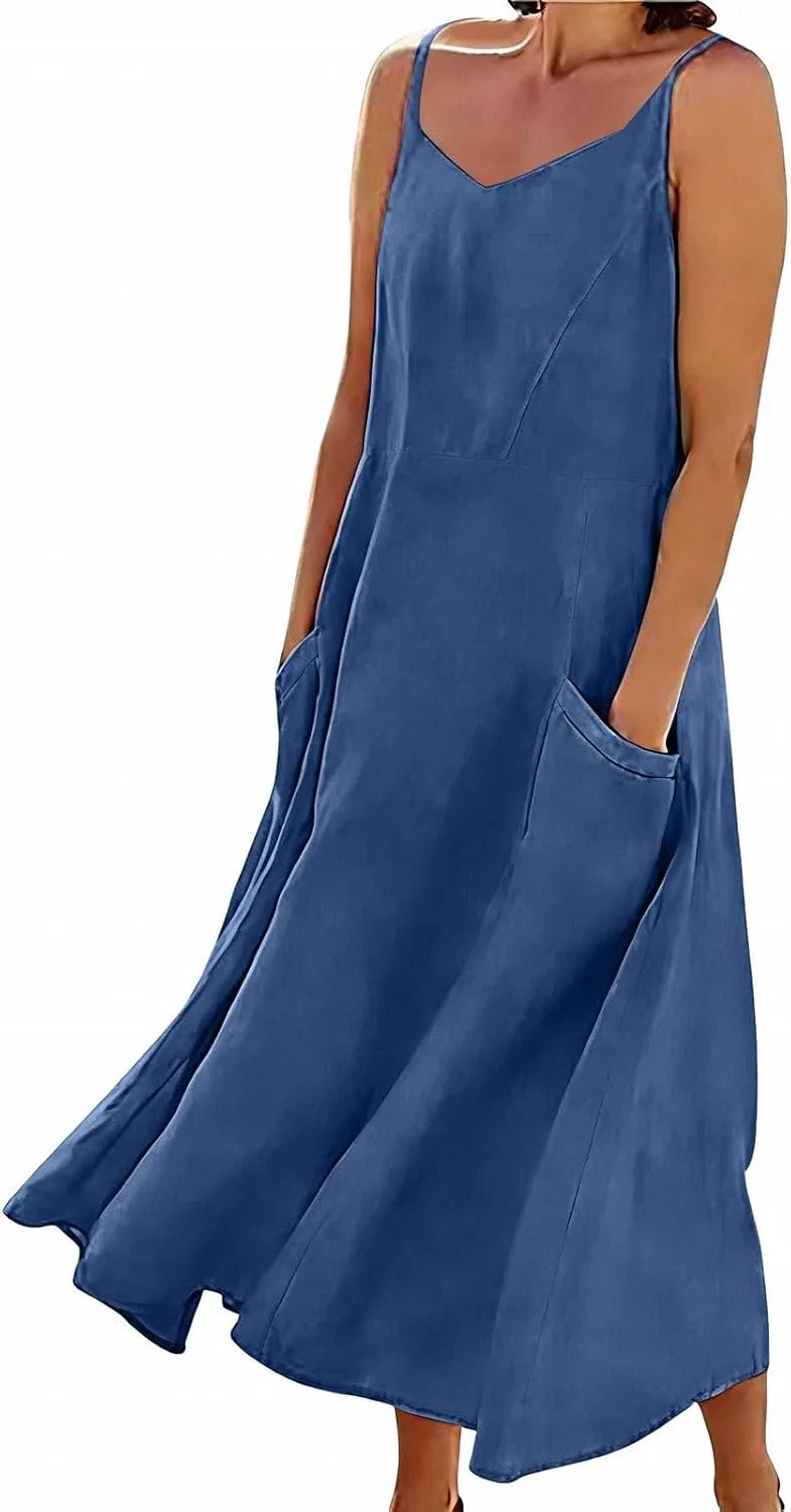 Женское макси-платье без рукавов с V-образным вырезом Cotton Linen, Blue — фото 2