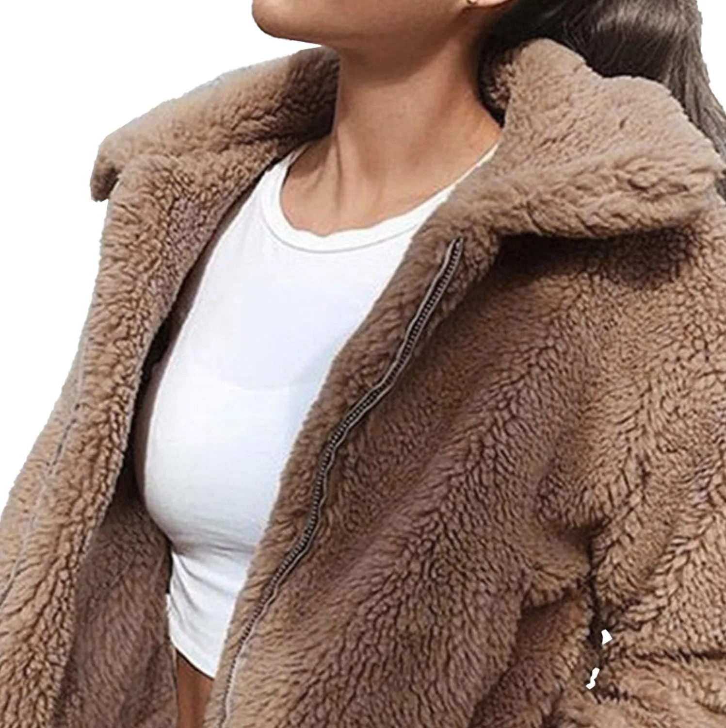 Женское короткое пальто из искусственного меха с принтом, dark khaki — фото 4