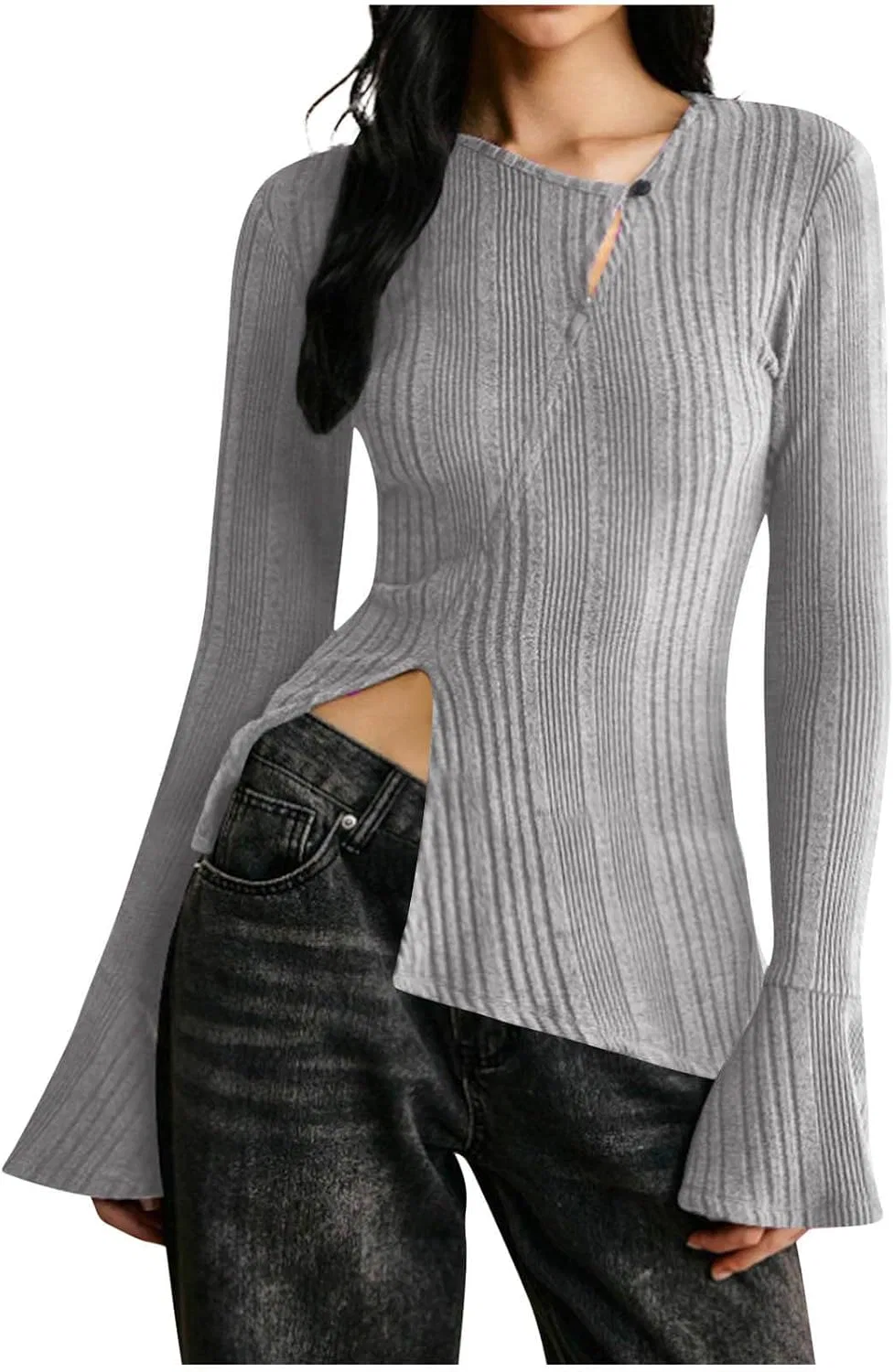 Женский свитер с асимметричным вырезом и разрезом, Ribbed Knit, серый