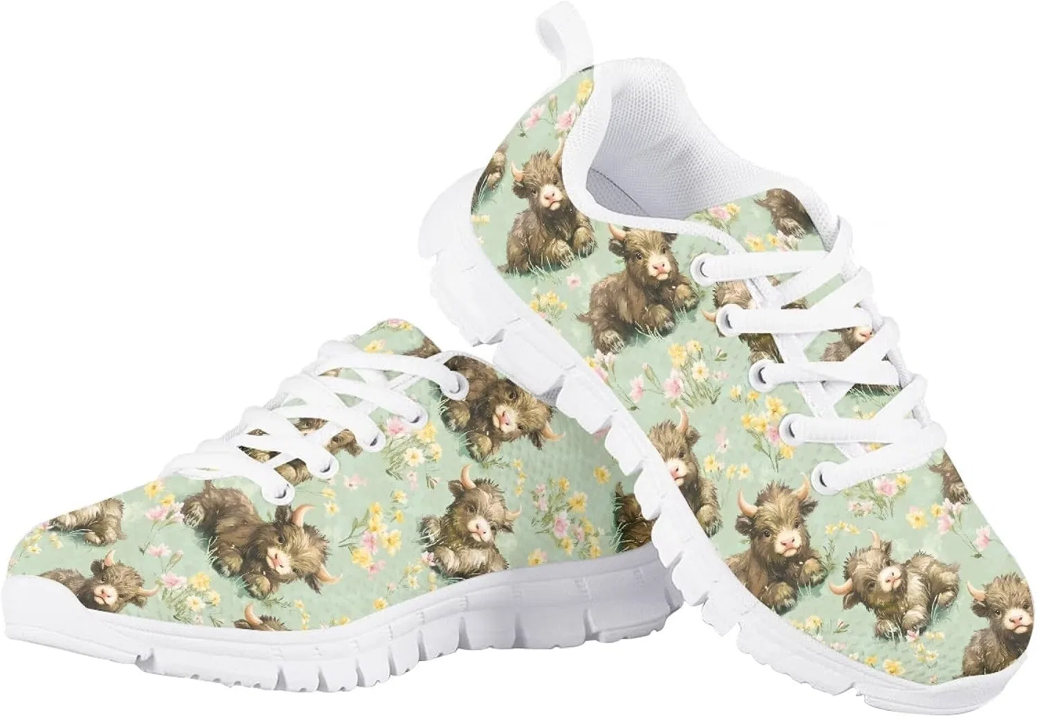 Детские кроссовки для девочек с принтом Fowototi, Green Floral Cute Cow