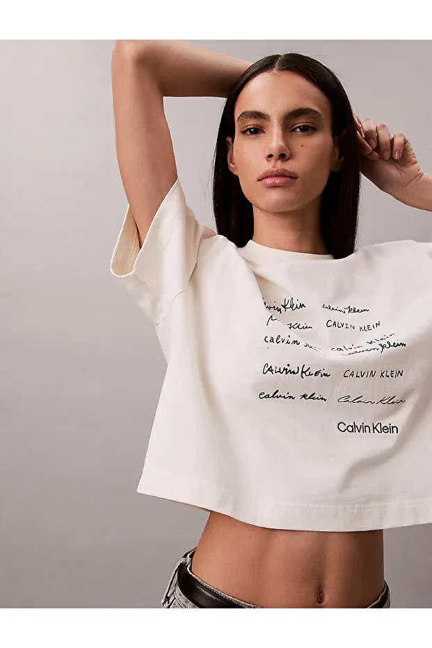 Женская хлопковая футболка с принтом Calvin Klein, Stone Color — фото 2
